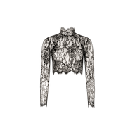 The Henriette Cropped Lace Top is a black long-sleeve crop top with a high neck, featuring delicate Chantilly lace and floral see-through patterns against a plain white background.