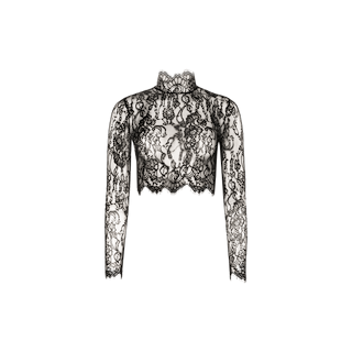 The Henriette Cropped Lace Top is a black long-sleeve crop top with a high neck, featuring delicate Chantilly lace and floral see-through patterns against a plain white background.