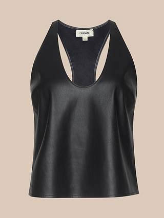 Sleeveless black vegan leather Tullia Scoopneck Tank featuring a scoop neckline and racerback design, displayed on a plain beige background. The tag inside reads LAGENCE.