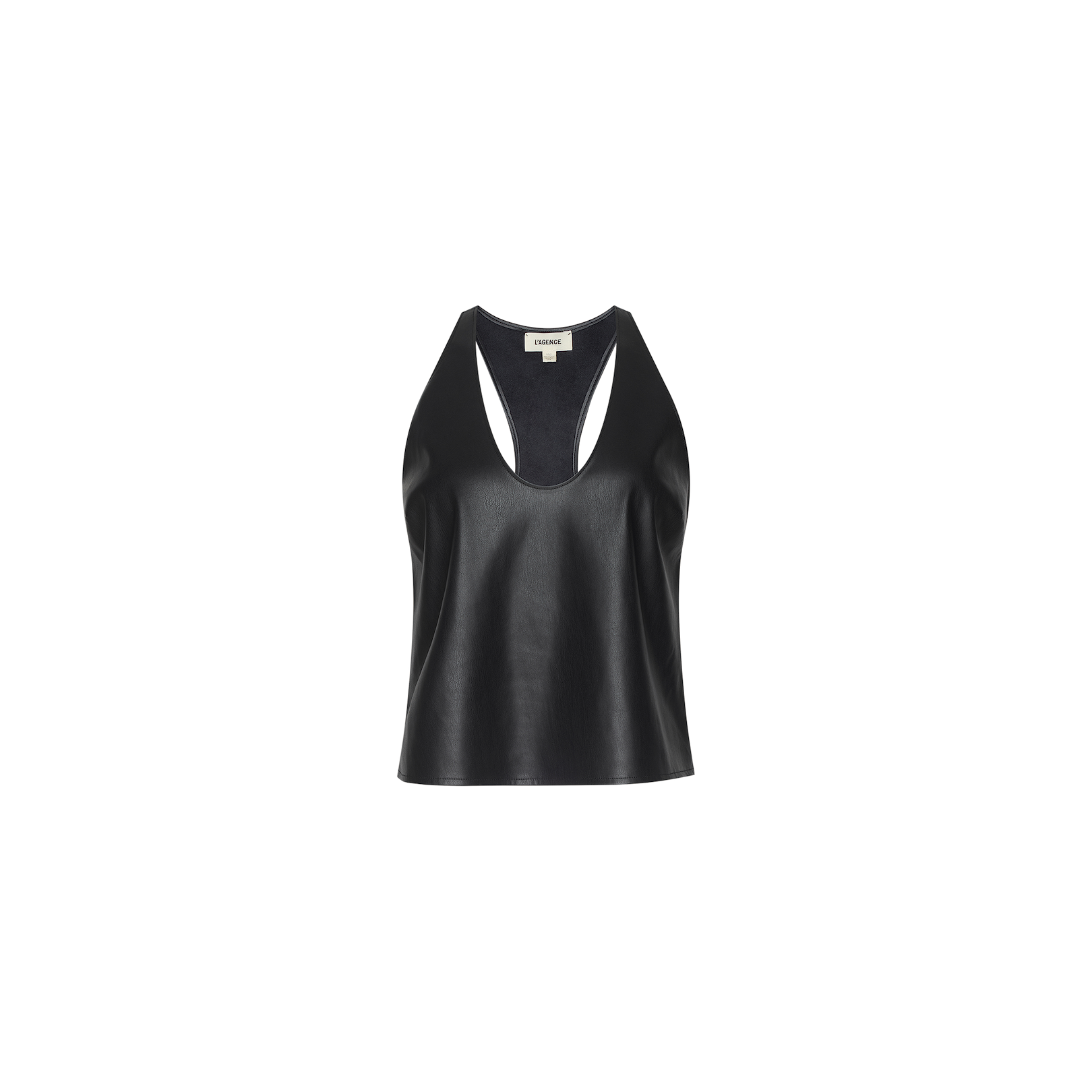 Tullia Scoopneck Tank in sleeveless black vegan leather features a scoop neckline, racerback design, and loose fit, shown against a plain white background.