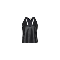 Tullia Scoopneck Tank in sleeveless black vegan leather features a scoop neckline, racerback design, and loose fit, shown against a plain white background.