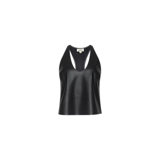 Tullia Scoopneck Tank in sleeveless black vegan leather features a scoop neckline, racerback design, and loose fit, shown against a plain white background.