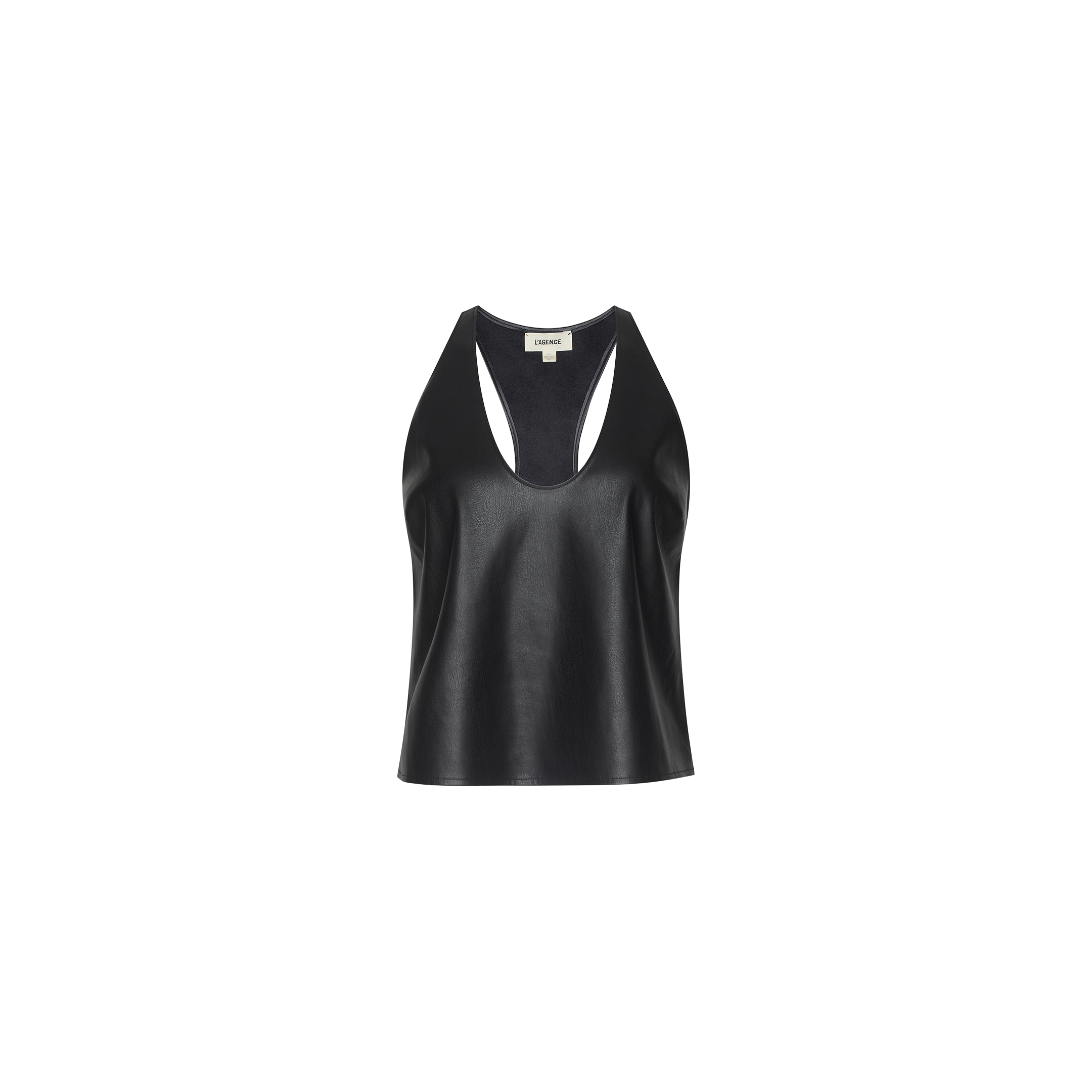 Tullia Scoopneck Tank in sleeveless black vegan leather features a scoop neckline, racerback design, and loose fit, shown against a plain white background.