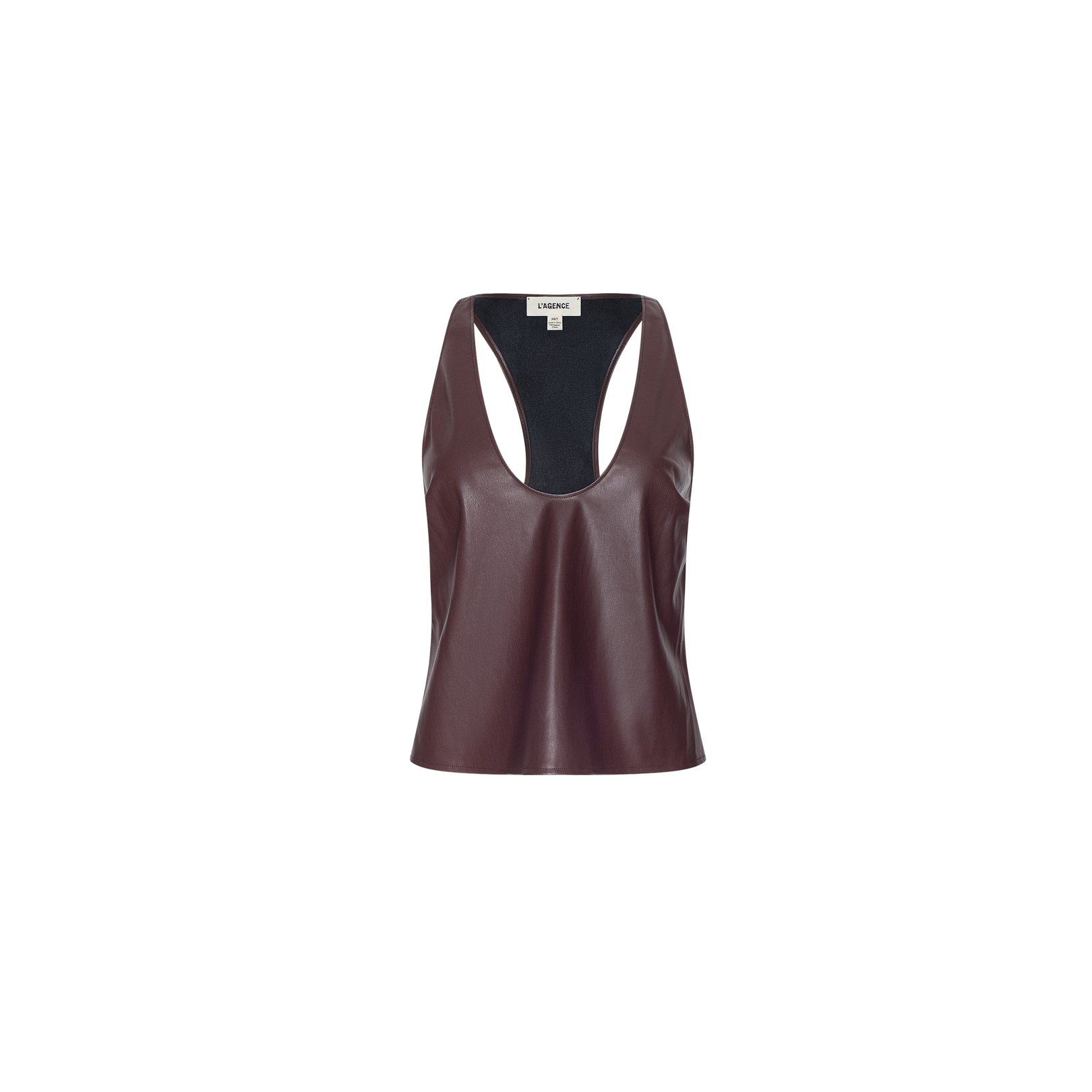 Tullia Scoopneck Tank: a sleeveless mahogany brown vegan leather top with a deep scoop neck, displayed on a plain white background.