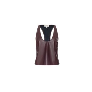 Tullia Scoopneck Tank: a sleeveless mahogany brown vegan leather top with a deep scoop neck, displayed on a plain white background.