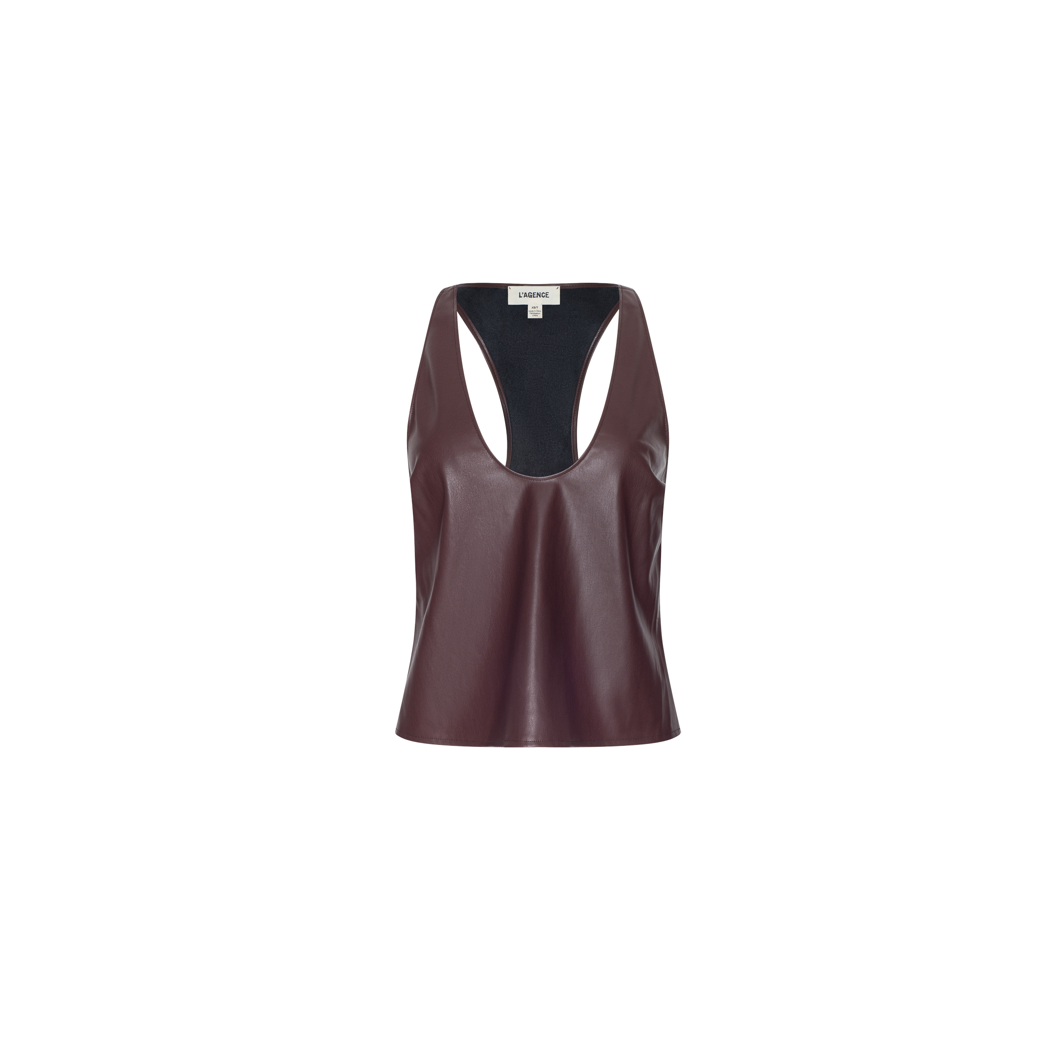 Tullia Scoopneck Tank: a sleeveless mahogany brown vegan leather top with a deep scoop neck, displayed on a plain white background.