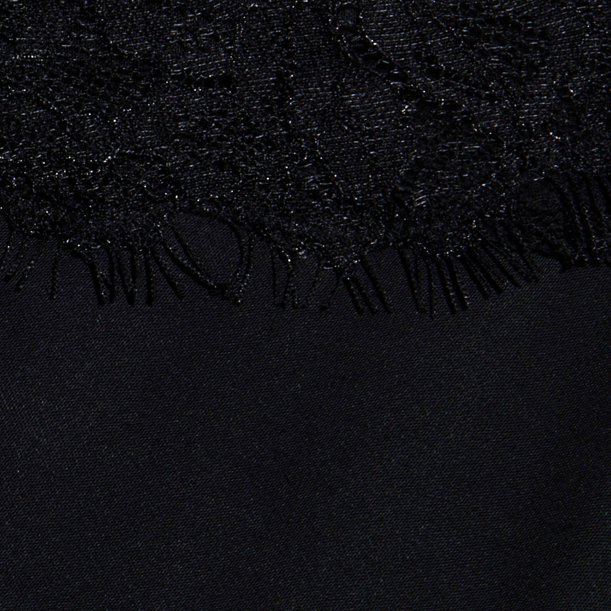Close-up of the black lace trim with a fringed edge, layered over the smooth satin fabric of the Elka Satin Lace Camisole.