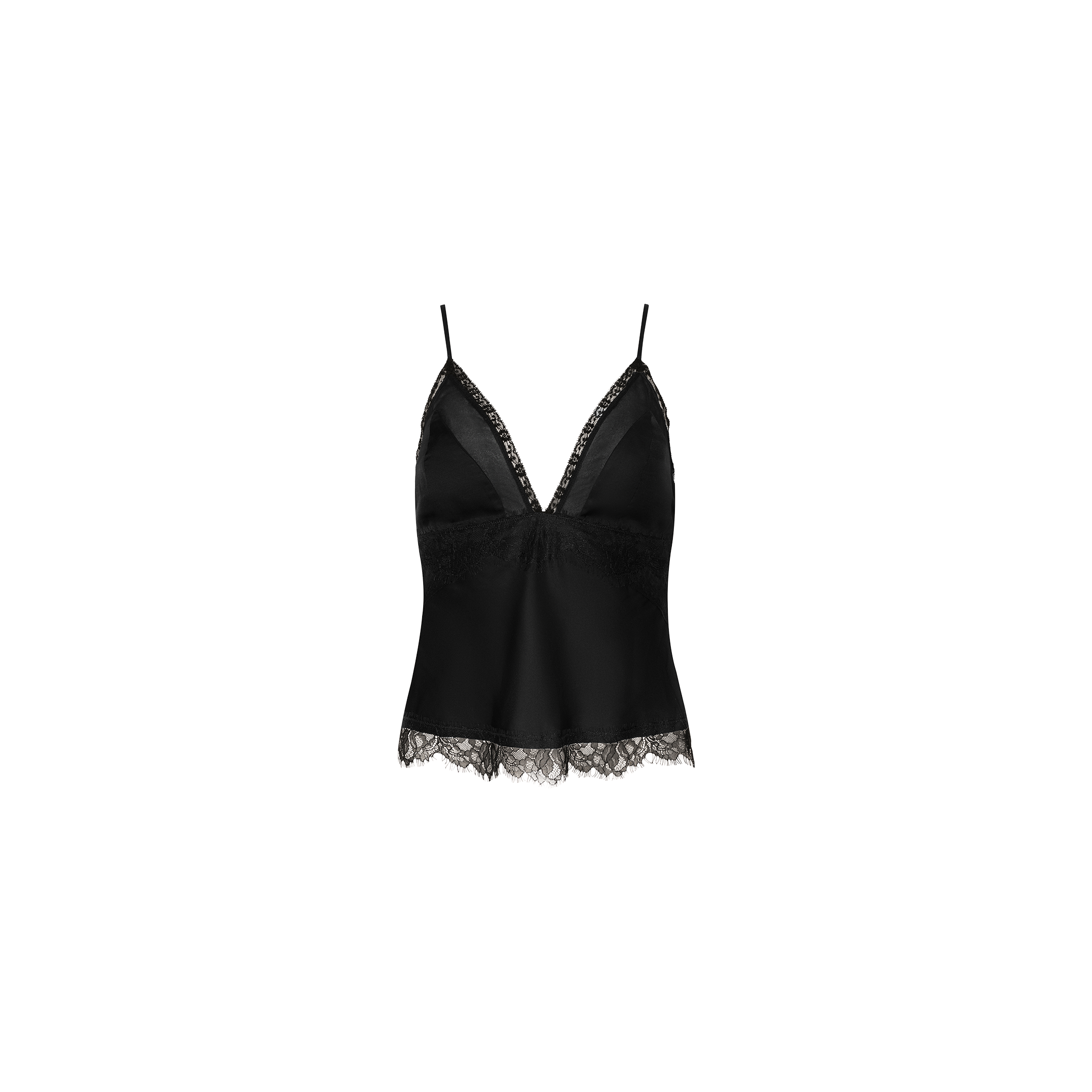 The Elka Satin Lace Camisole features a black satin finish with delicate lace trim along the V-neckline and hem, thin spaghetti straps, and a fitted, sleeveless silhouette. The product is displayed against a plain white background.
