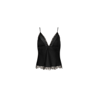 The Elka Satin Lace Camisole features a black satin finish with delicate lace trim along the V-neckline and hem, thin spaghetti straps, and a fitted, sleeveless silhouette. The product is displayed against a plain white background.