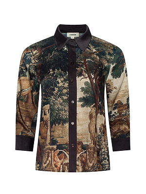 Long-sleeve shirt with classical scene print on a white background