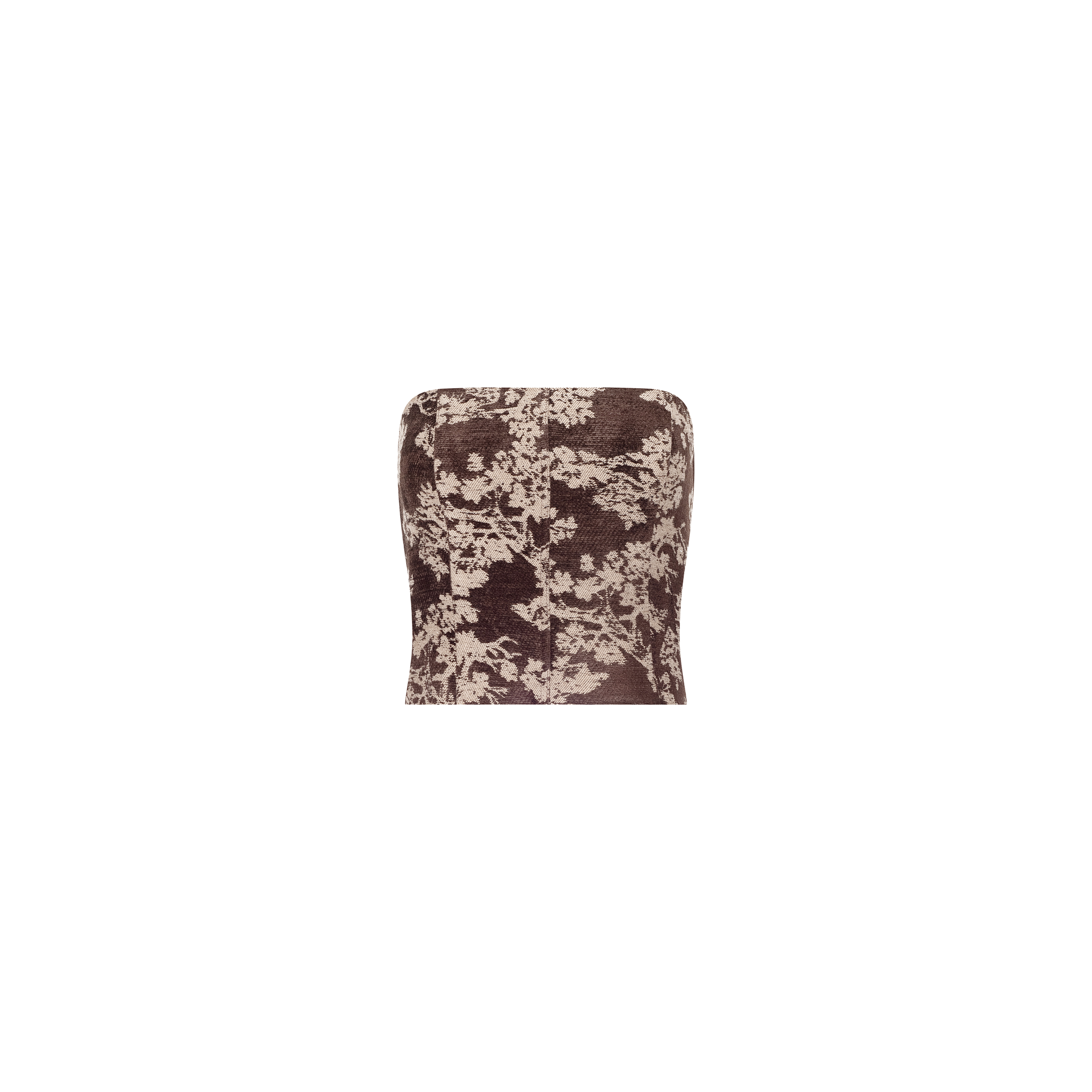 The Paulette Corset Top is a fashion-forward strapless piece in brown and beige, featuring a textured abstract floral jacquard design, displayed against a plain white background.