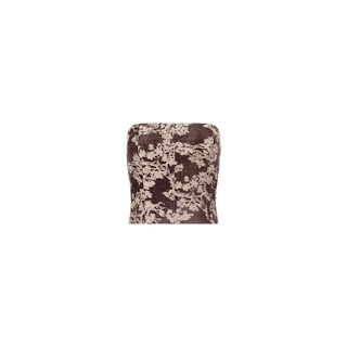 Paulette Corset Top: A strapless brown and beige tube top featuring a textured, abstract floral jacquard design, reminiscent of styles seen at fashion week, displayed on a plain white background.