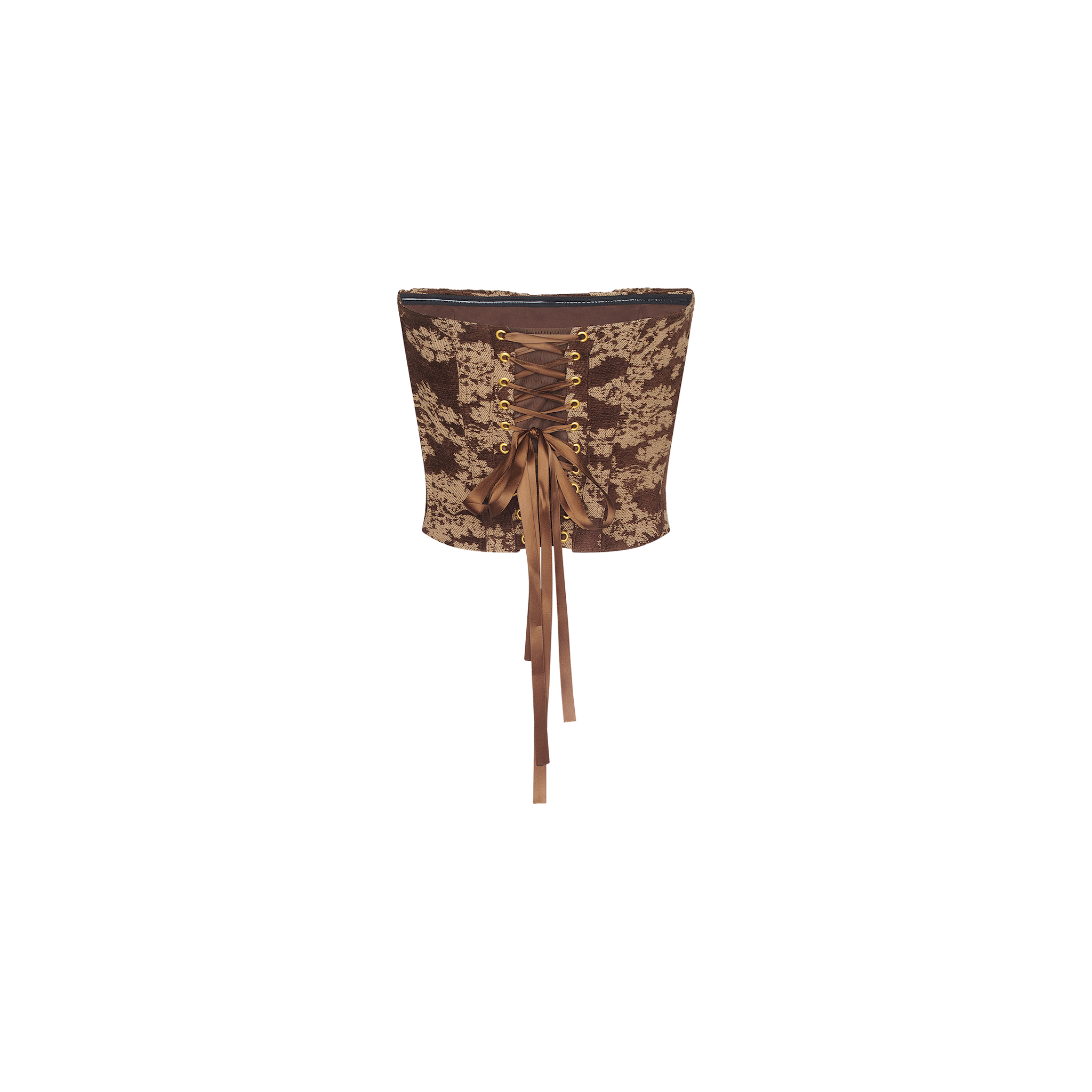 The Paulette Corset Top is a brown and beige floral jacquard design featuring gold eyelets and a brown satin ribbon laced up the back and tied into a bow, shown against a plain white background. This fashion-forward piece brings an elegant touch to any wardrobe.