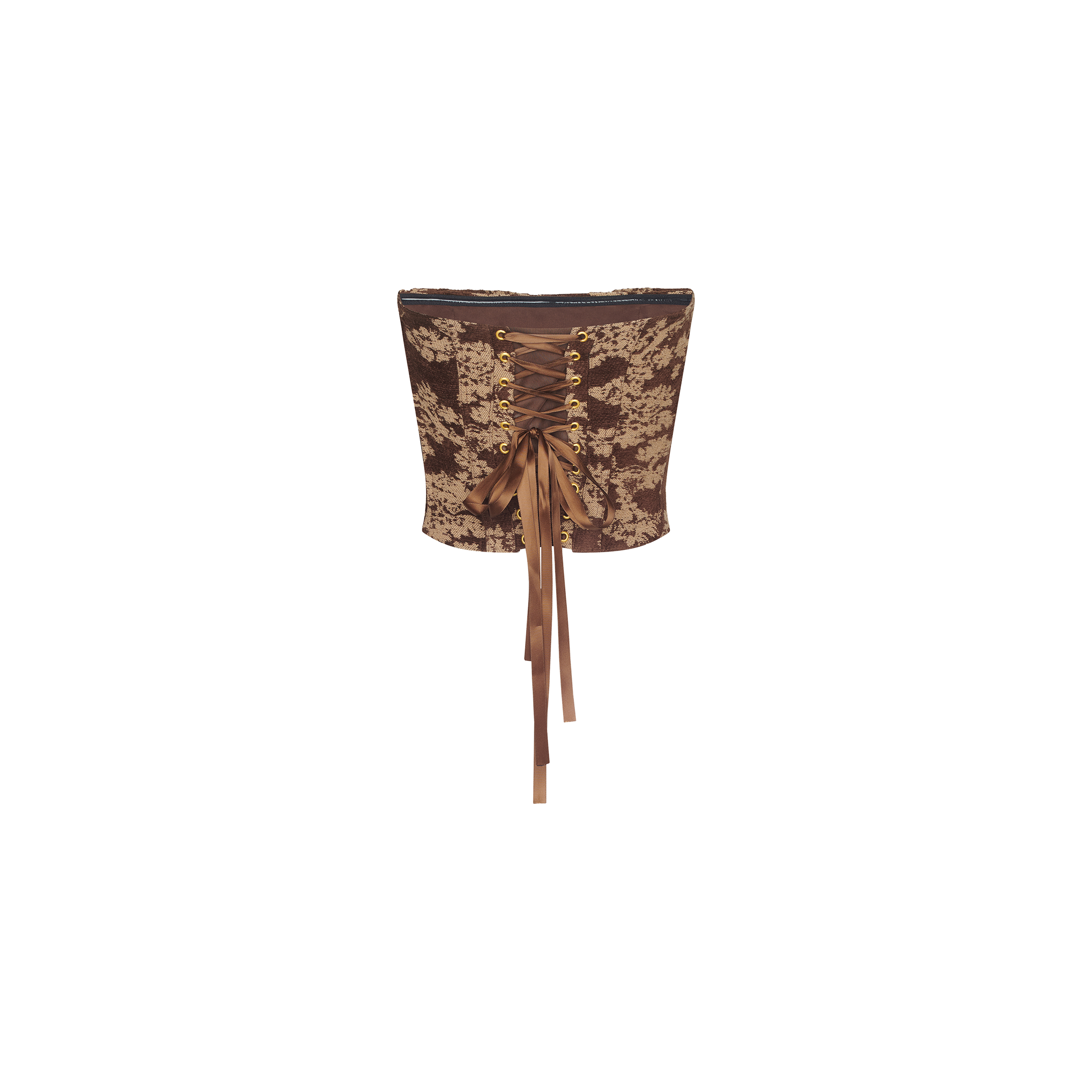 The Paulette Corset Top is a brown and beige floral jacquard design featuring gold eyelets and a brown satin ribbon laced up the back and tied into a bow, shown against a plain white background. This fashion-forward piece brings an elegant touch to any wardrobe.
