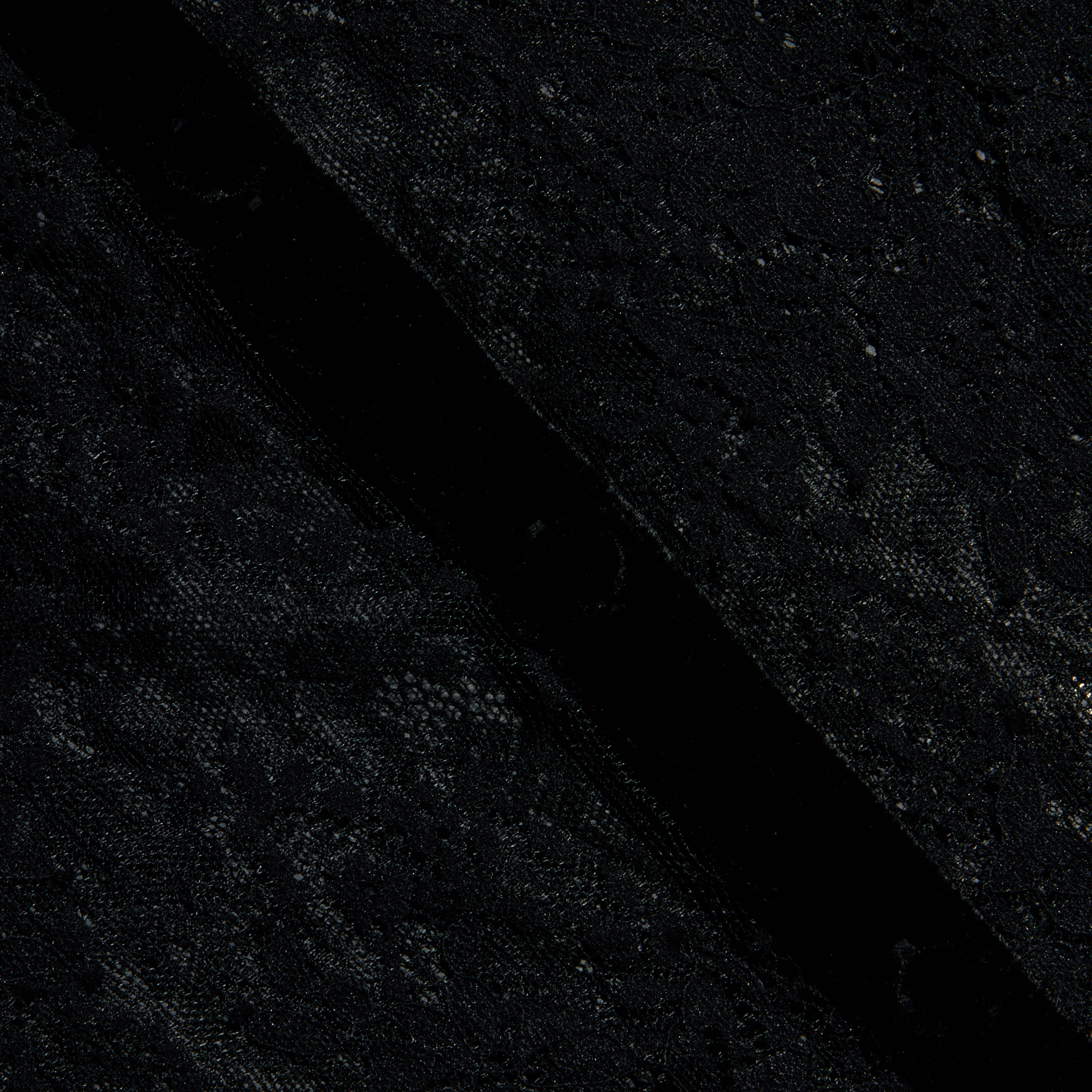 Close-up of the Dorothea Velvet Lace Blouse in black, showcasing Chantilly lace fabric with a dark, velvety strip running diagonally across its textured surface. The blouse features delicate, intricate lace patterns accented with velvet seams.