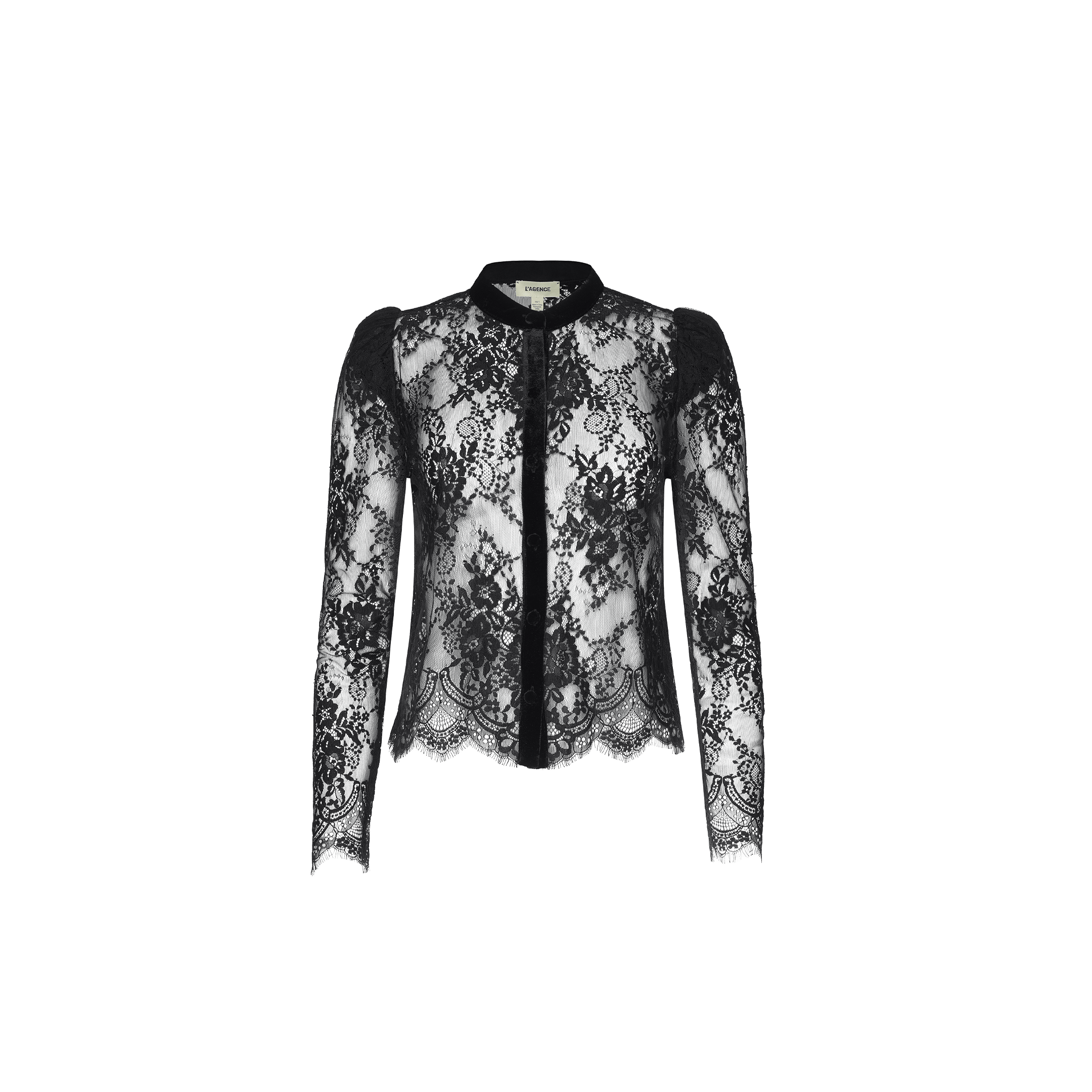 Dorothea Velvet Lace Blouse featuring black Chantilly lace, long sheer sleeves, floral patterns, a scalloped hem, and a button-down front, displayed on a plain white background.
