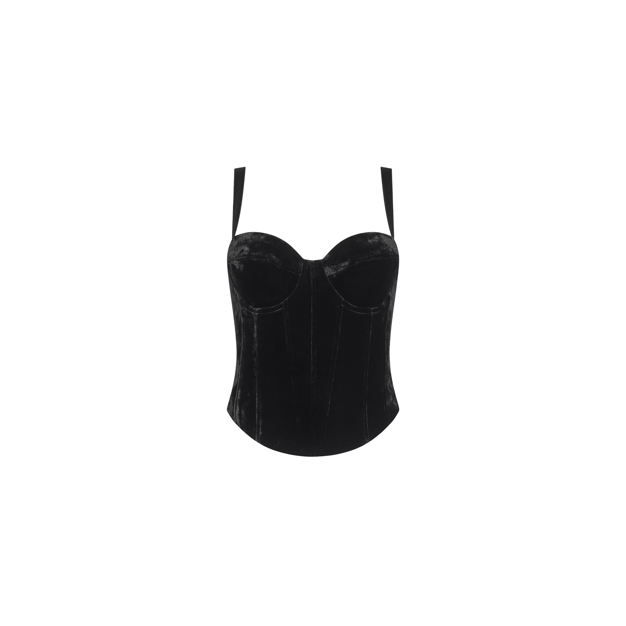 Ariana Velvet Corset top in black velvet with a lace-up front, thin straps, and a sweetheart neckline.