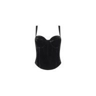 Ariana Velvet Corset top in black velvet with a lace-up front, thin straps, and a sweetheart neckline.