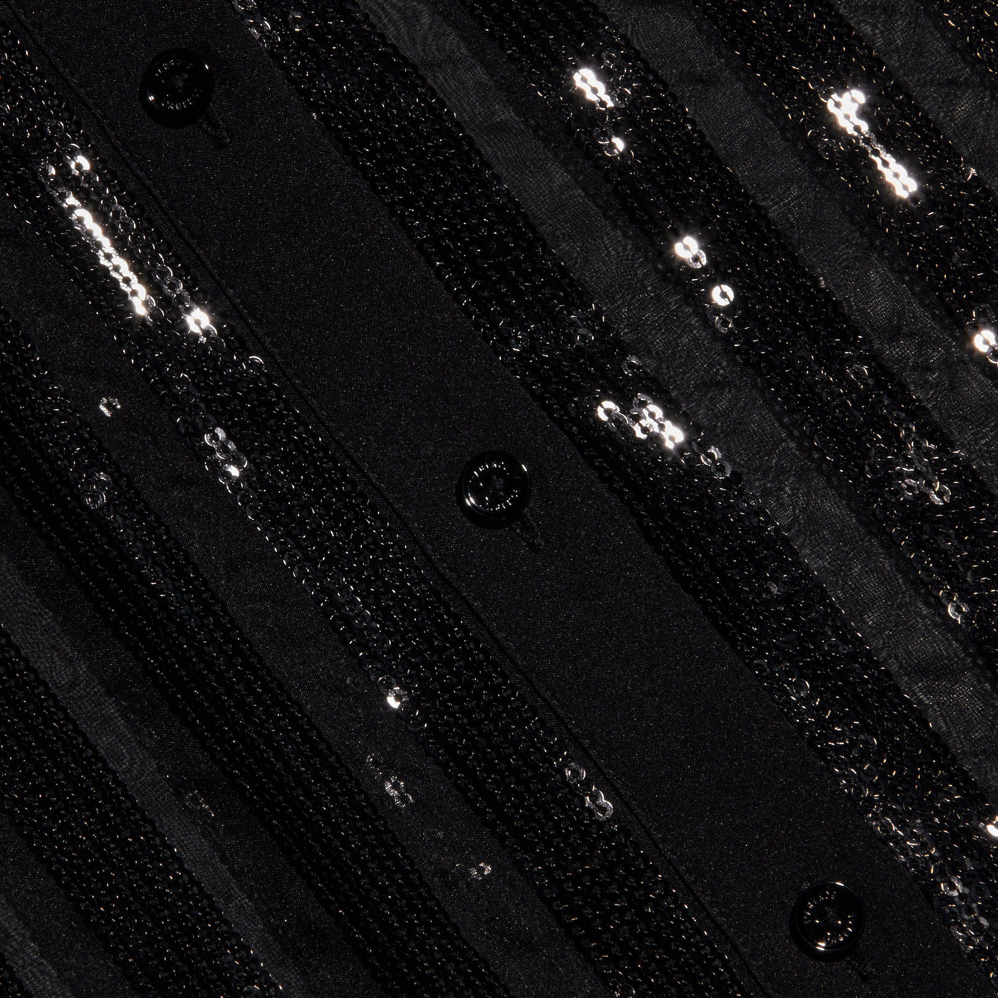 Close-up of the Dyana Sequin Blouse in black, showcasing shiny sequins and parallel vertical seams, with sheer stripes and evenly spaced black buttons along one seam.