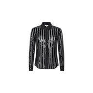 The Dyana Sequin Blouse features long sleeves, vertical black and dark gray sheer stripes, and a lustrous sequined finish, shown against a plain white background.