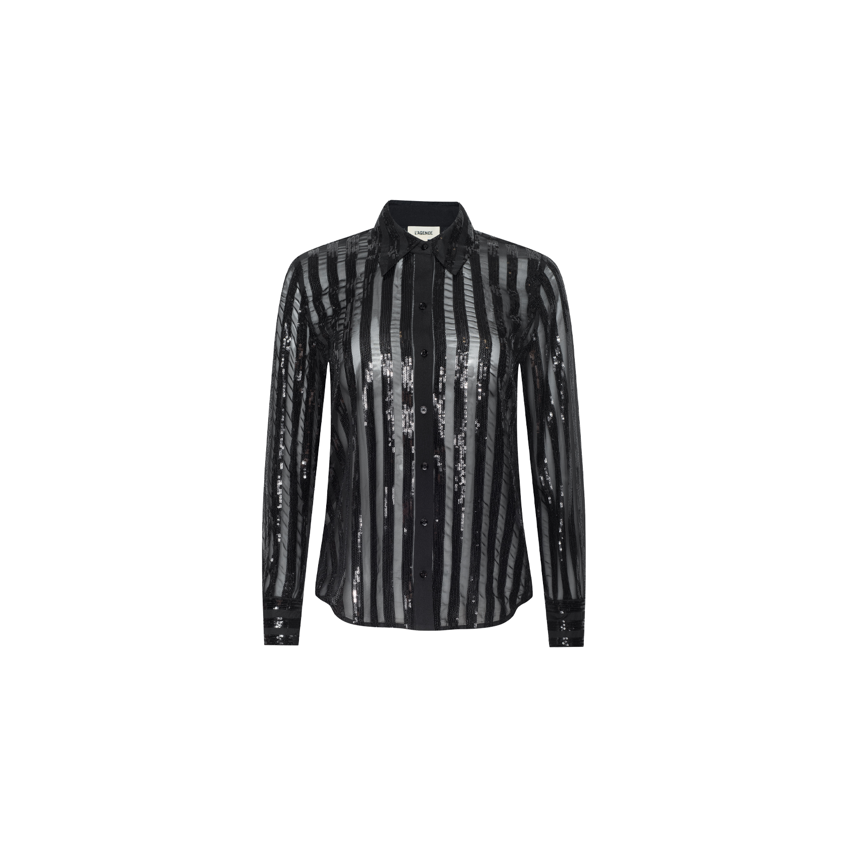 The Dyana Sequin Blouse features long sleeves, vertical black and dark gray sheer stripes, and a lustrous sequined finish, shown against a plain white background.