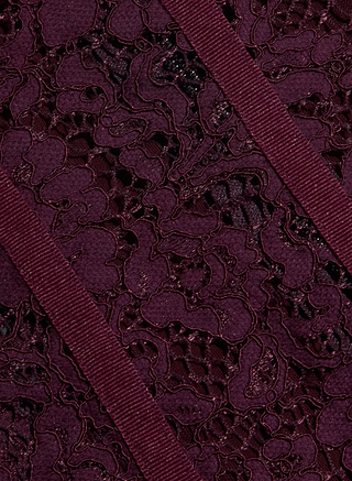 Close-up of the Jenny Lace Bustier in dark burgundy, featuring intricate floral lace and two textured ribbon stripes running diagonally across the design.