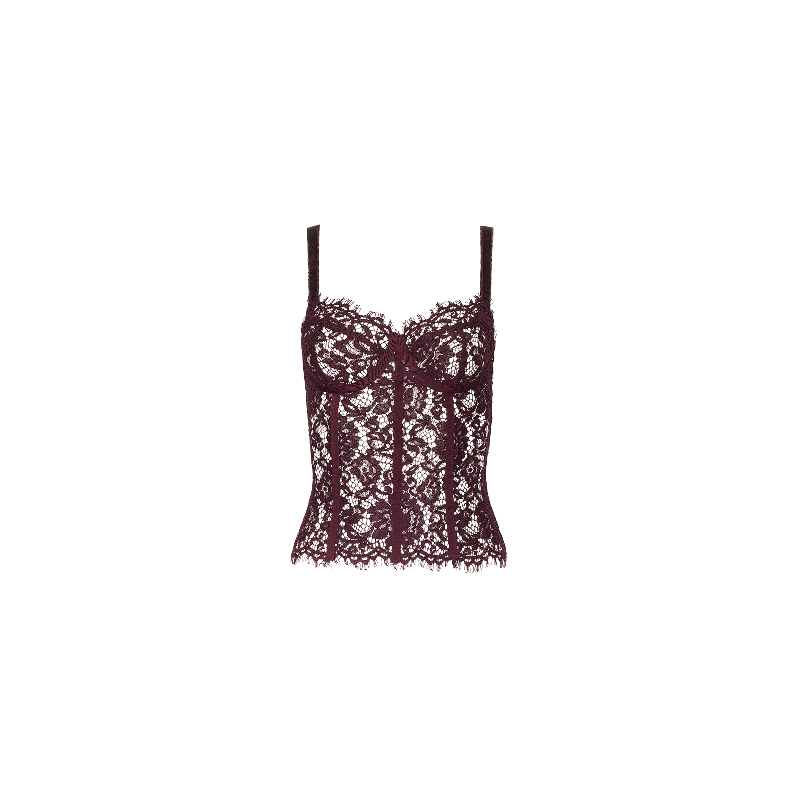 The Jenny Lace Bustier features adjustable straps, underwire cups, and intricate burgundy floral lace detailing. This elegant bustier is displayed on a plain white background.