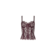 The Jenny Lace Bustier features adjustable straps, underwire cups, and intricate burgundy floral lace detailing. This elegant bustier is displayed on a plain white background.