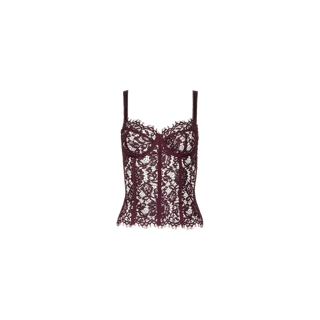The Jenny Lace Bustier features adjustable straps, underwire cups, and intricate burgundy floral lace detailing. This elegant bustier is displayed on a plain white background.