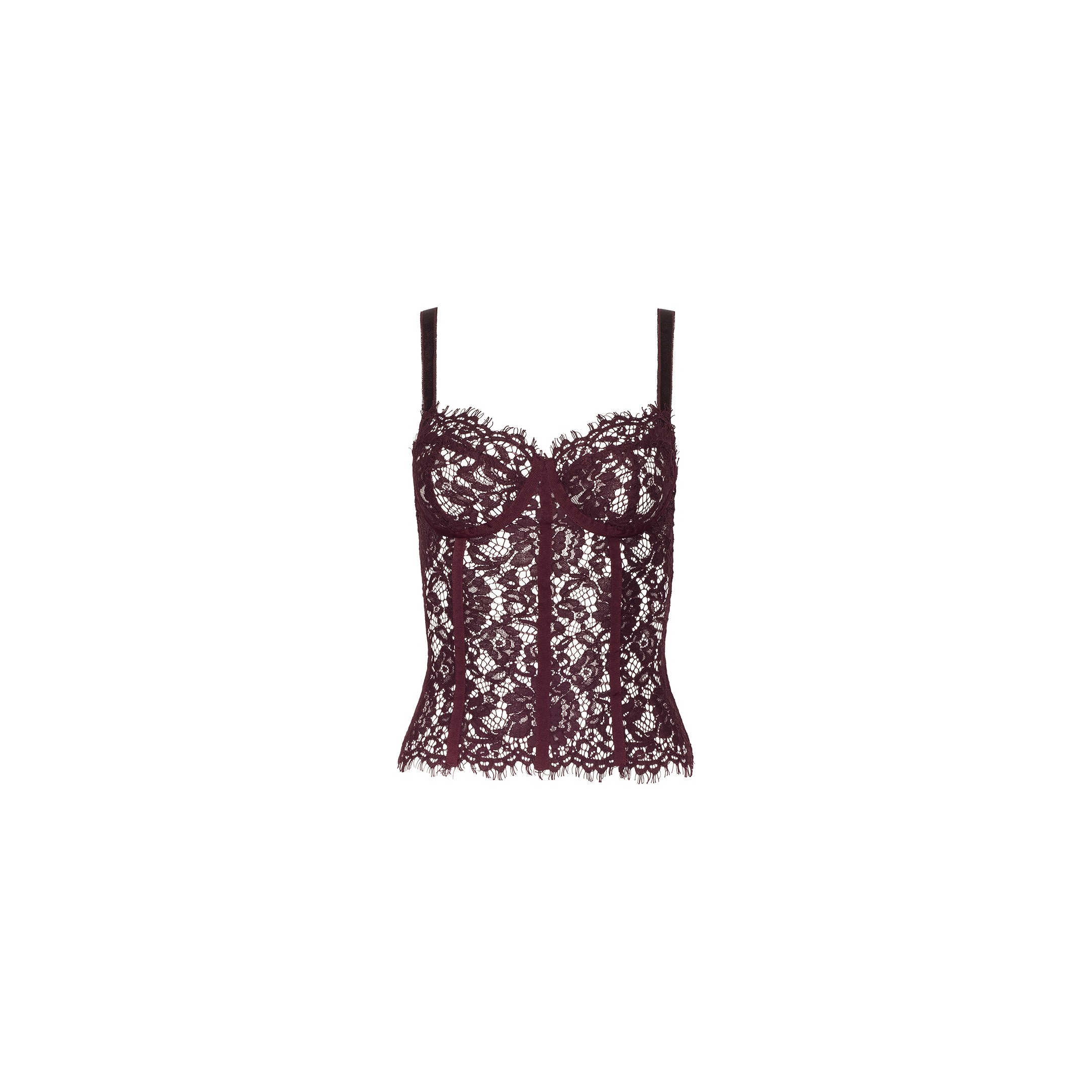 The Jenny Lace Bustier features adjustable straps, underwire cups, and intricate burgundy floral lace detailing. This elegant bustier is displayed on a plain white background.