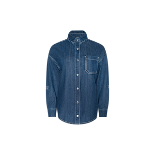 The Jorah Oversized Shirt is an indigo denim button-up crafted from featherweight denim, featuring white stitching, a single chest pocket, long sleeves, and a collar. It is displayed on a plain white background.