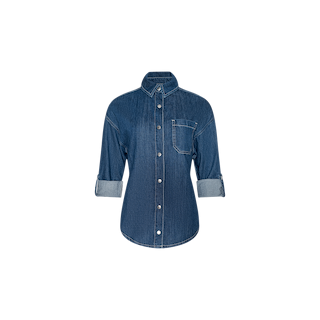 The Jorah Oversized Shirt is a blue denim top featuring long sleeves rolled to the elbows, a front chest pocket, and visible white stitching, displayed on a plain white background.