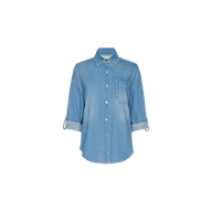 The Jorah Oversized Shirt is a light blue featherweight denim button-up with a collar, single chest pocket, and rolled-up sleeves, shown against a plain white background.