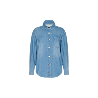 Light blue Jorah Oversized Shirt made from featherweight denim, featuring long sleeves, a collar, and a single chest pocket, shown against a plain white background.