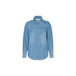 Light blue Jorah Oversized Shirt made from featherweight denim, featuring long sleeves, a collar, and a single chest pocket, shown against a plain white background.