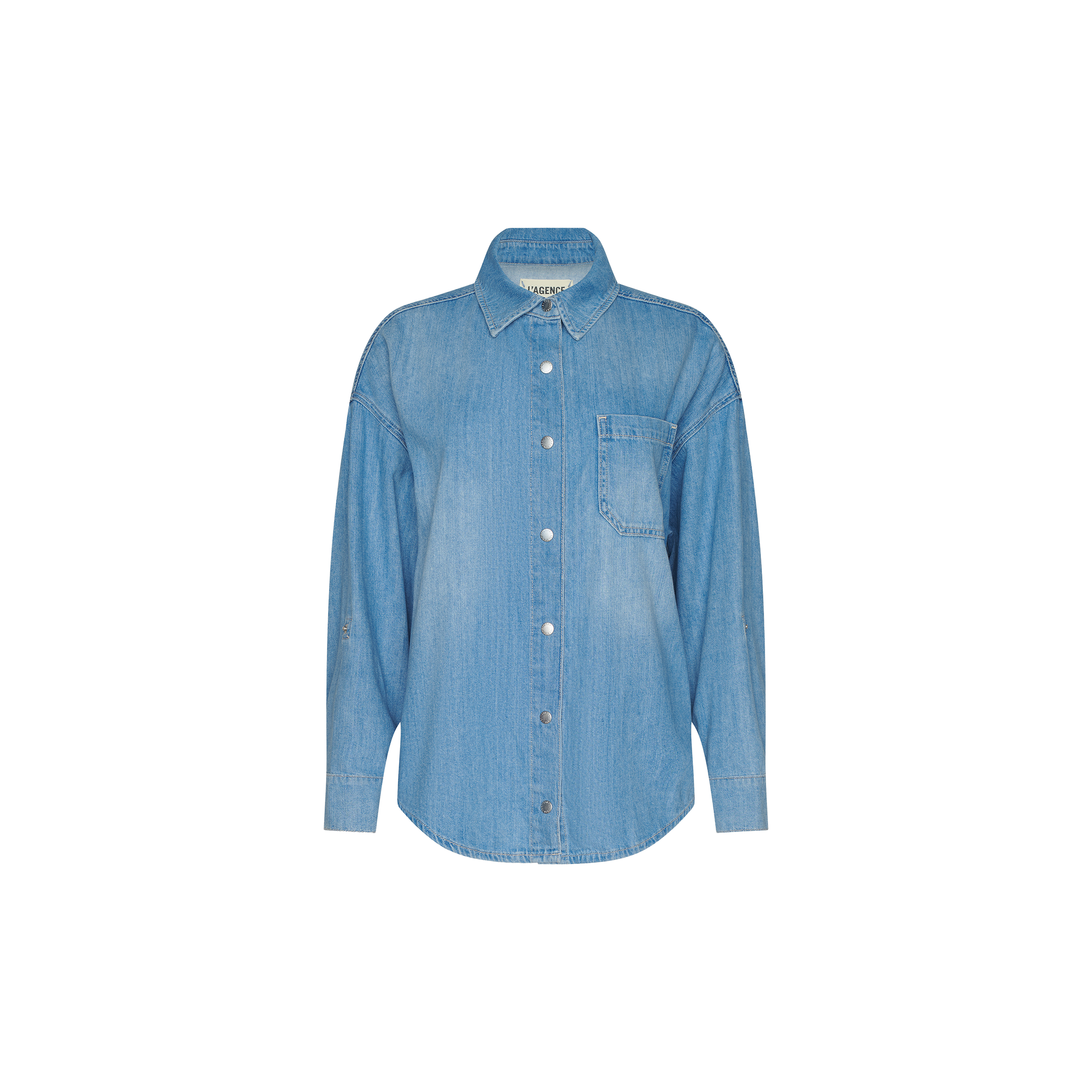 Light blue Jorah Oversized Shirt made from featherweight denim, featuring long sleeves, a collar, and a single chest pocket, shown against a plain white background.