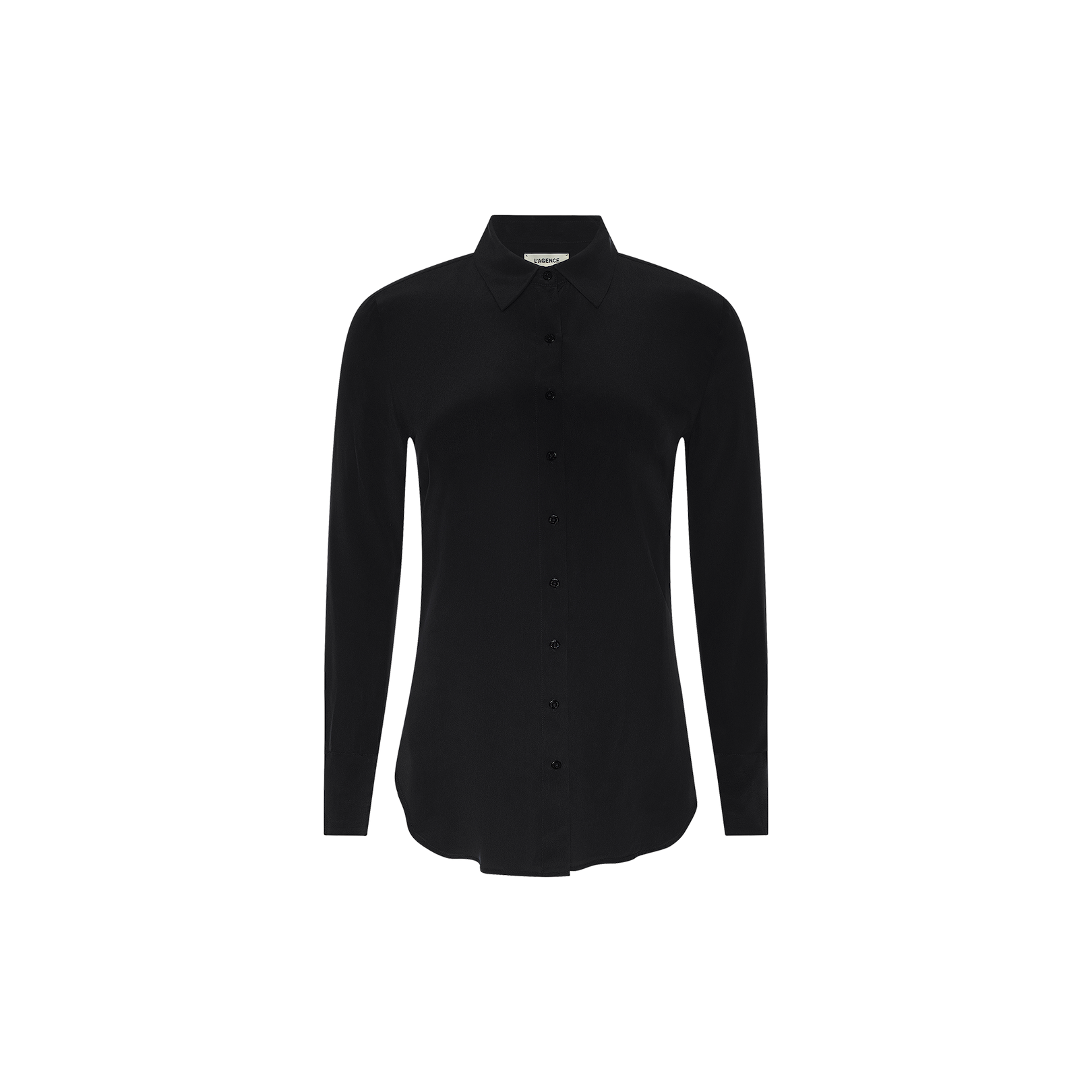 The Babette Silk Blouse is a plain black, long-sleeve, button-up shirt with a collar, crafted in crepe de chine for a relaxed fit and displayed on a white background.