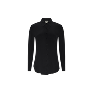 The Babette Silk Blouse is a plain black, long-sleeve, button-up shirt with a collar, crafted in crepe de chine for a relaxed fit and displayed on a white background.