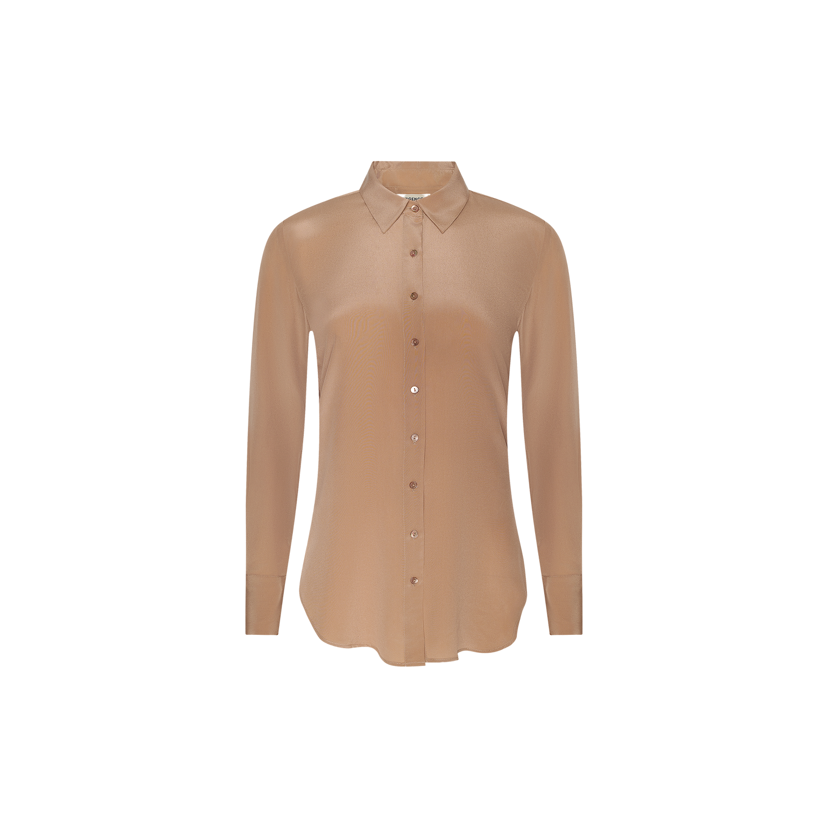 Babette Silk Blouse in light brown, featuring long sleeves, a button-up front, a classic collar, and a relaxed fit, crafted from crepe de chine and displayed against a plain white background.