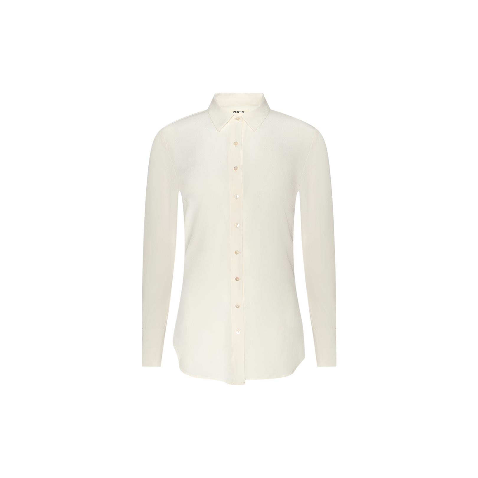 Babette Silk Blouse: A long-sleeve, off-white silk blouse featuring a pointed collar and relaxed fit, displayed on a plain white background.