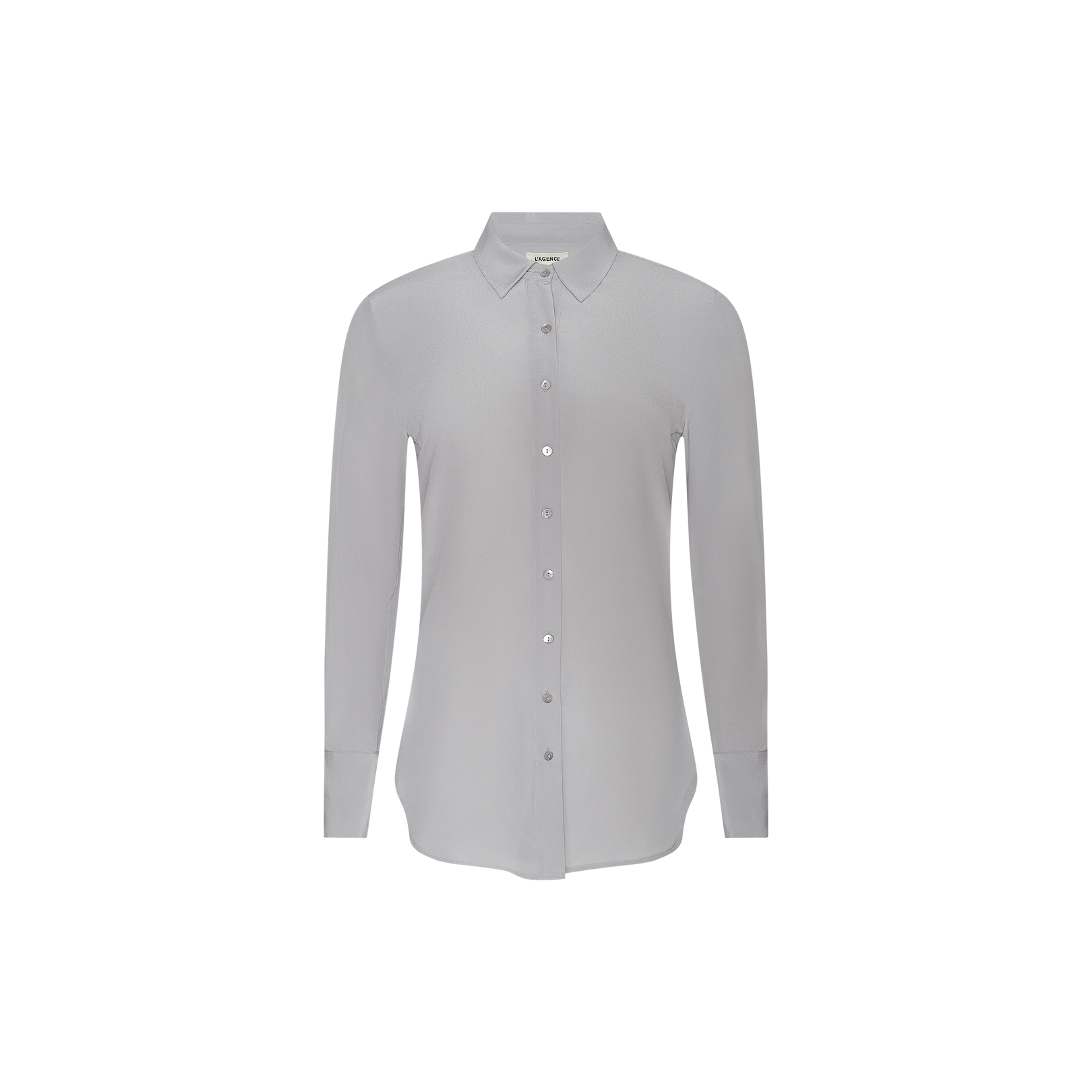 The Babette Silk Blouse is a light gray, long-sleeve button-down with a pointed collar and relaxed fit, crafted from soft crepe de chine and shown on a plain white background.