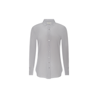 The Babette Silk Blouse is a light gray, long-sleeve button-down with a pointed collar and relaxed fit, crafted from soft crepe de chine and shown on a plain white background.