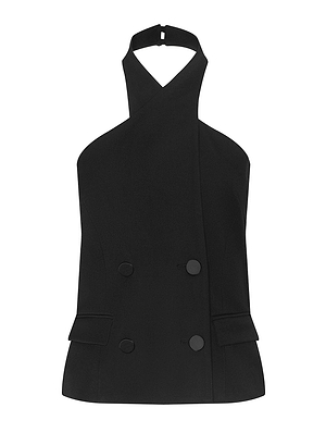 The Rhoda Vest is a sleeveless black halter-neck top with a cross-over front, four large buttons, and two small flap details. Its structured, tailored design offers a modern, blazer-inspired look from New York Fashion Week Fall 2026.