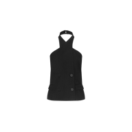 The Rhoda Top is a sleeveless black halter neck suiting vest featuring a crossover front, double-breasted buttons, and two small flap pockets at the sides, shown against a plain white background.