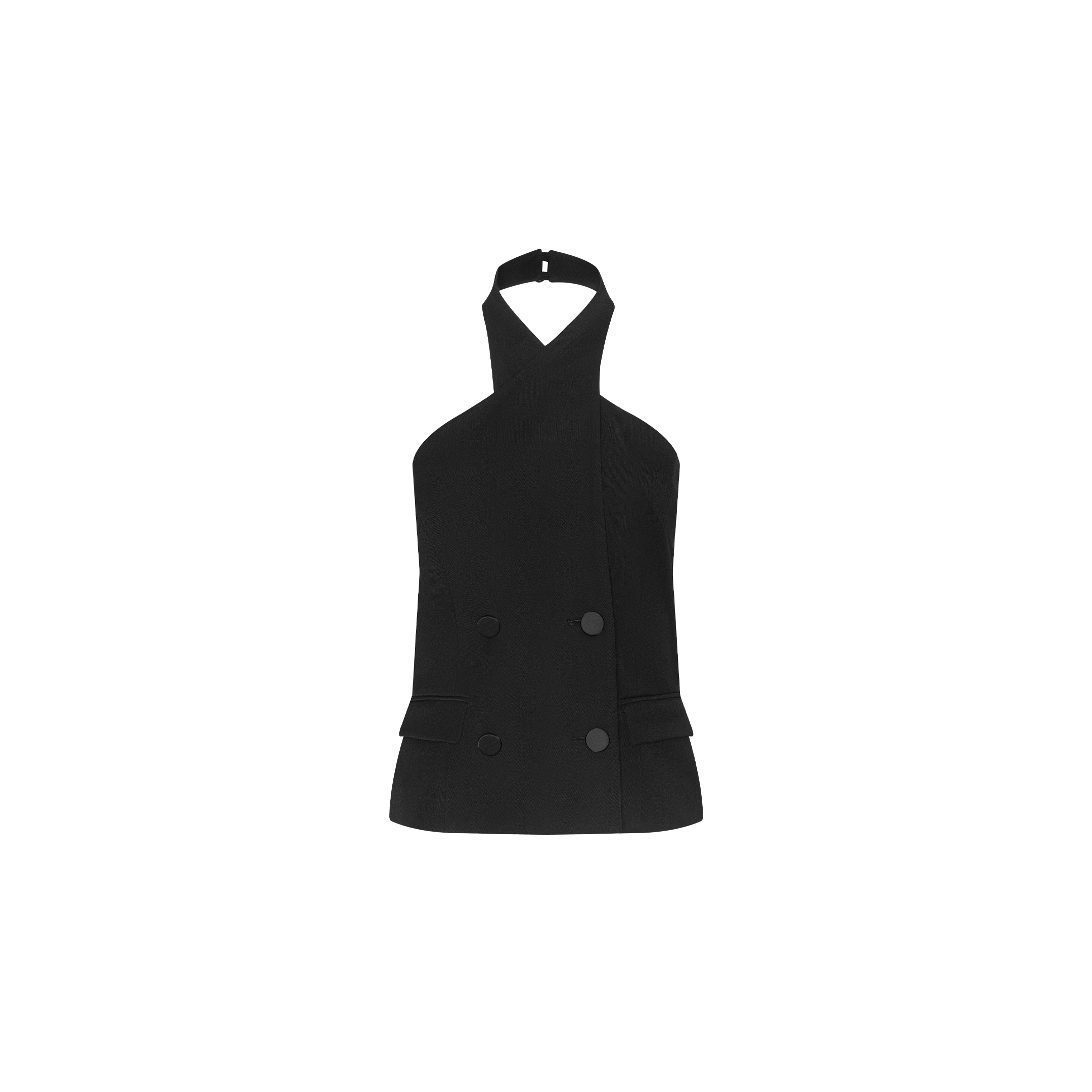 The Rhoda Top is a sleeveless black halter neck suiting vest featuring a crossover front, double-breasted buttons, and two small flap pockets at the sides, shown against a plain white background.