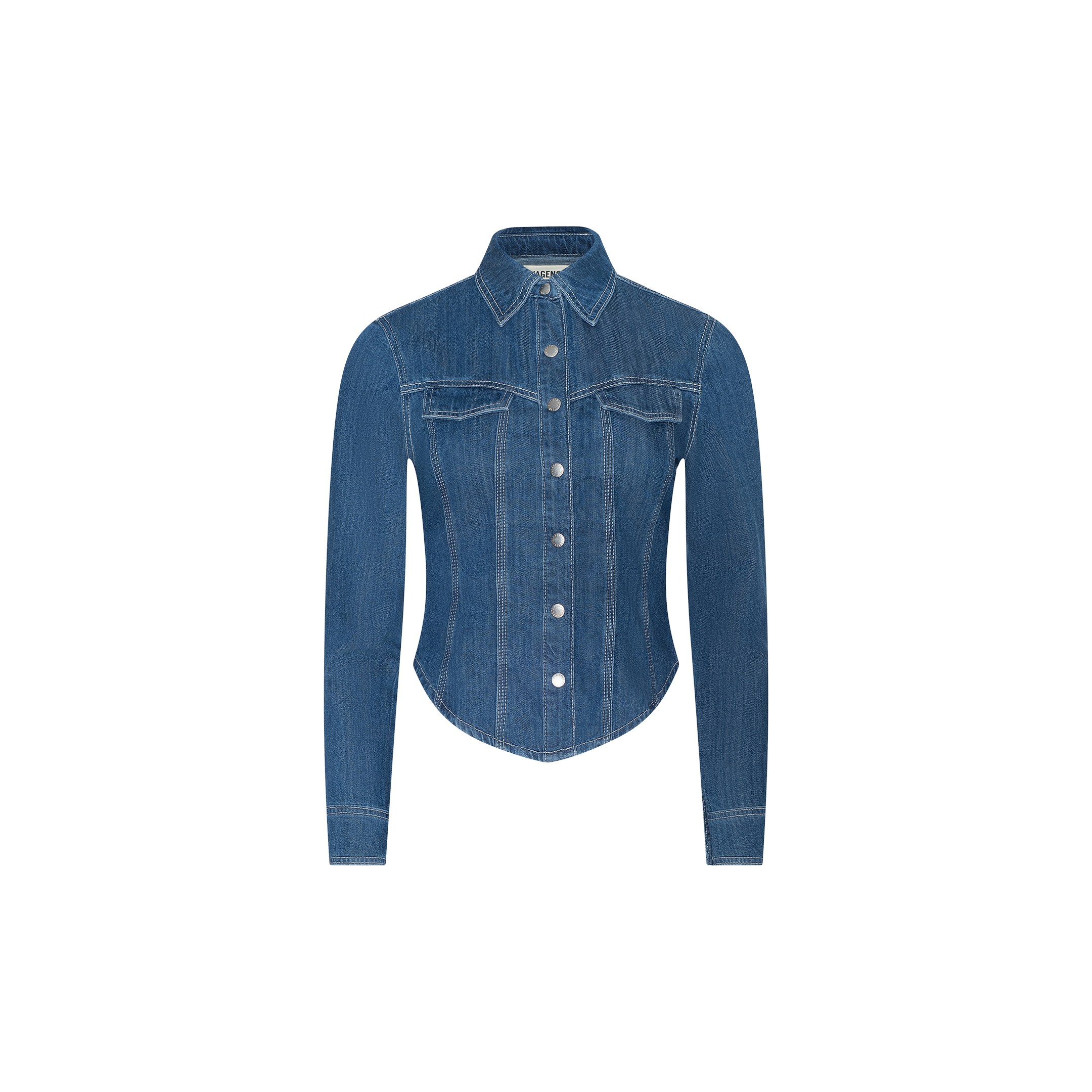The Louis Fitted Shirt, a long-sleeved blue denim shirt featuring front buttons, two chest pockets, a curved hem, and a collared neckline, brings equestrian sophistication to your wardrobe and is displayed on a plain white background.