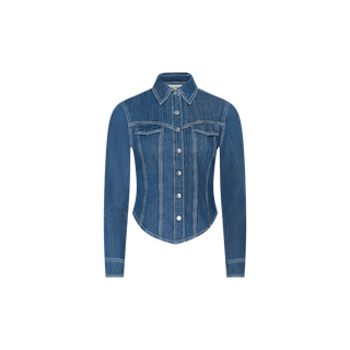 Louis Fitted Shirt: A blue featherweight denim long-sleeve button-up with two chest pockets and a tailored, curved hem, showcased on a white background—an ideal representation of equestrian sophistication in a fitted denim shirt.