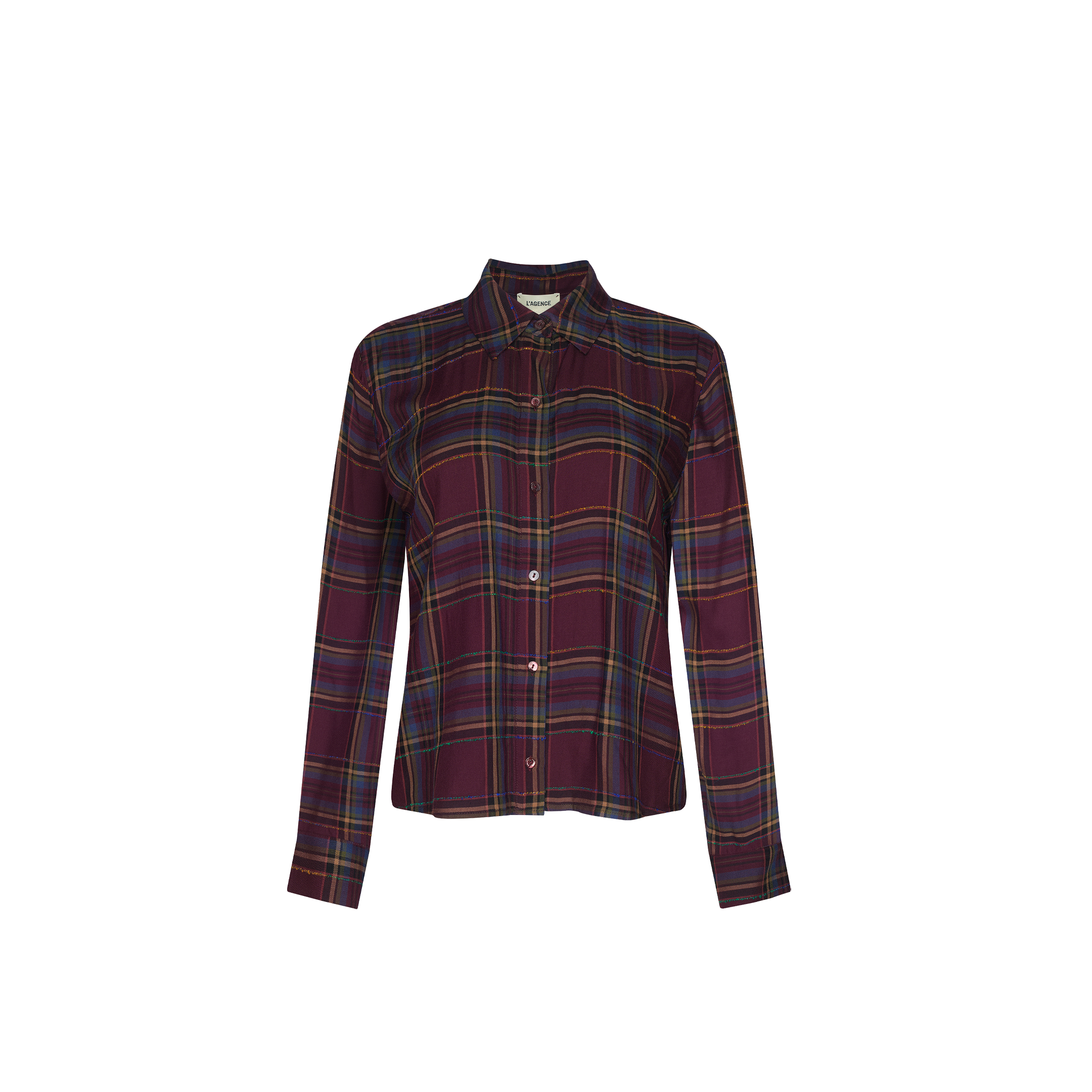 The Suzette Shirt is a long-sleeve, button-down plaid shirt with a maroon and multicolor pattern and a high-low hemline, shown against a plain white background.