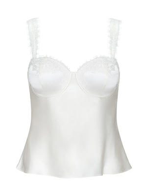 White satin camisole with lace details on a white background