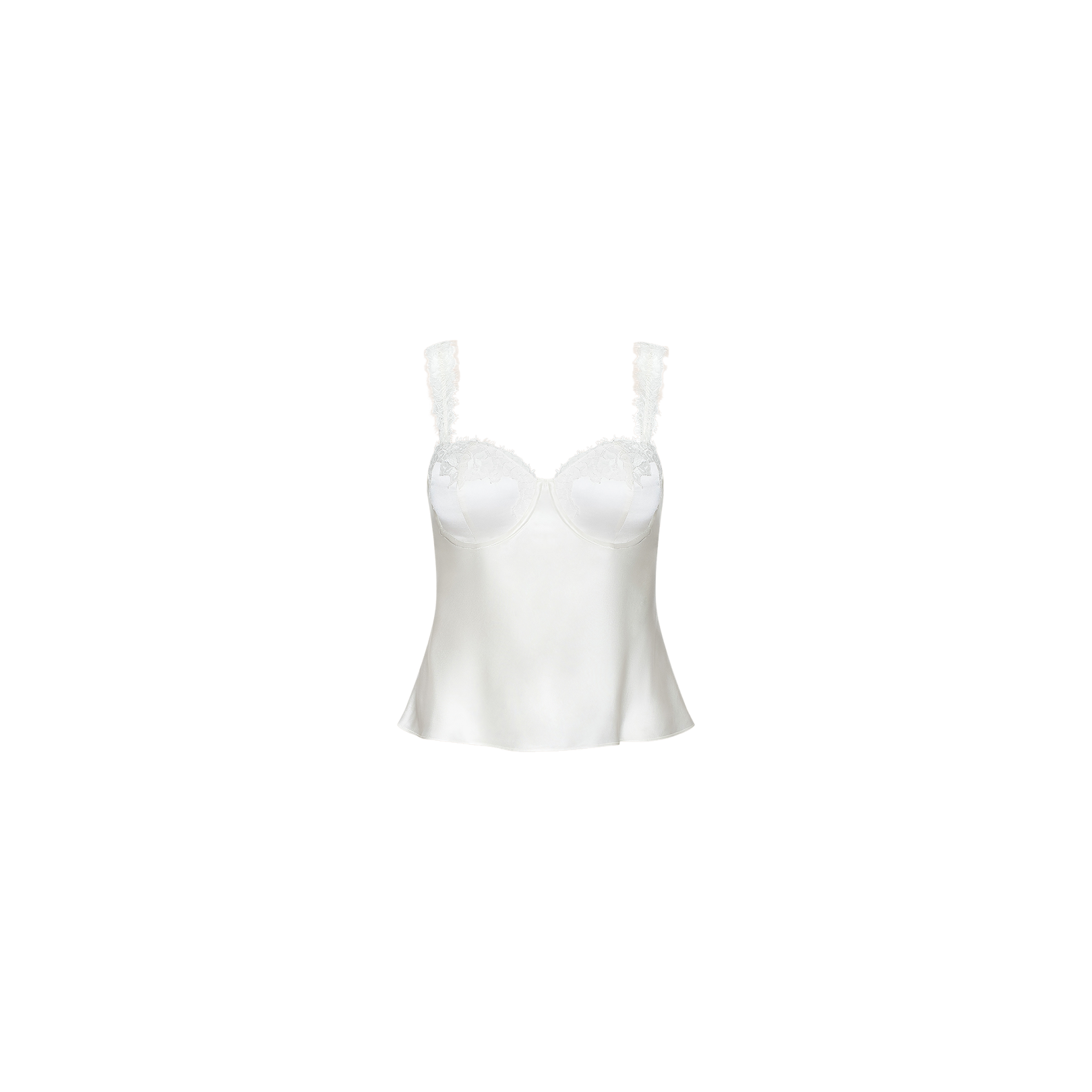 The Soleia Lace Camisole is a white silk charmeuse top with lace-trimmed straps and cups, designed in an elegant silhouette and shown against a plain white background.